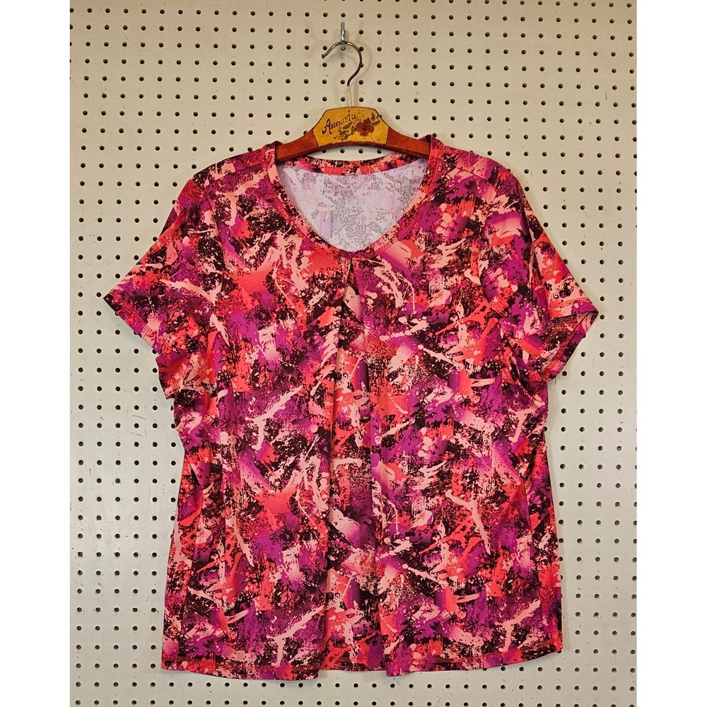 Abstract Splatter Print Short Sleeve Pleat Neck Top Pink Purple Orange XL